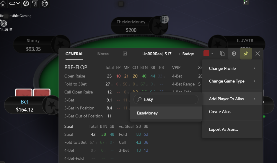 Adding a player to an alias from the Main Popup during play.