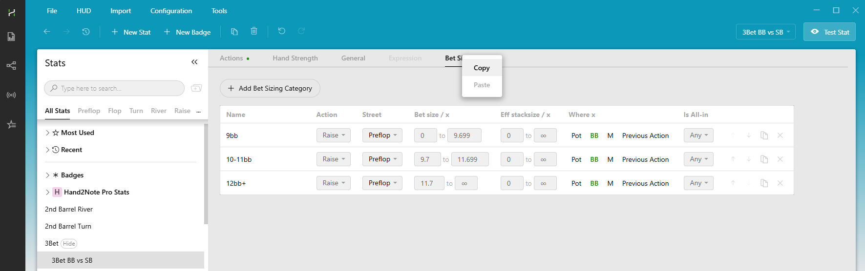 Copying bet sizes between stats in the Stat Editor.